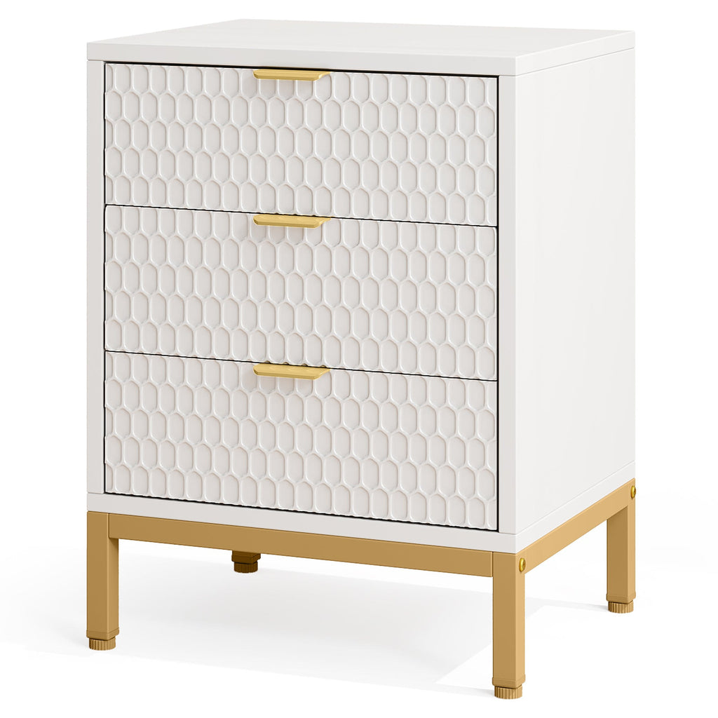 White and gold 3 drawer nightstand with metal base on a white background