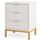 White and gold 3 drawer nightstand with metal base on a white background