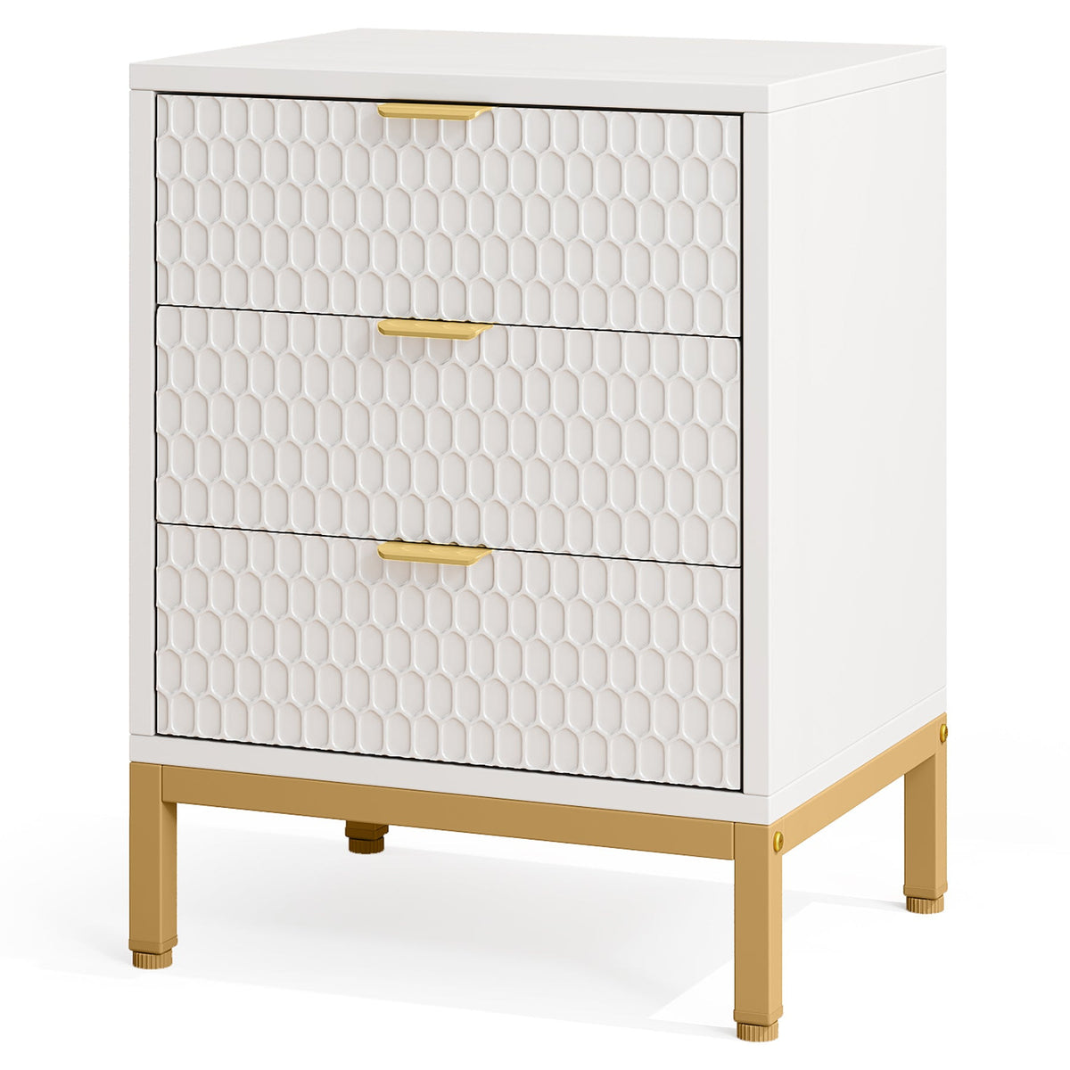 White and gold 3 drawer nightstand with metal base on a white background