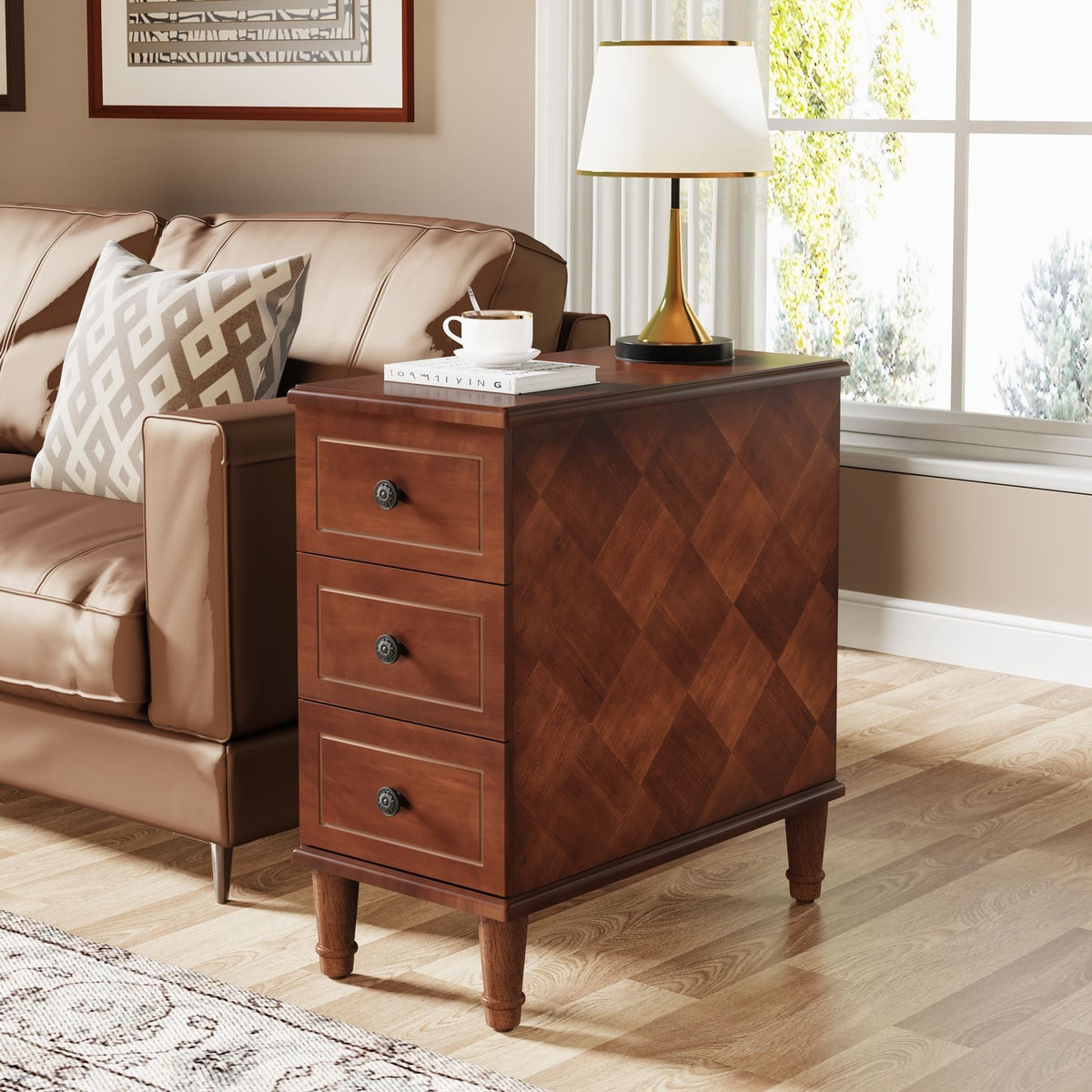 Stowena fully assembled 3 drawer nightstand in rustic brown beside a leather sofa
