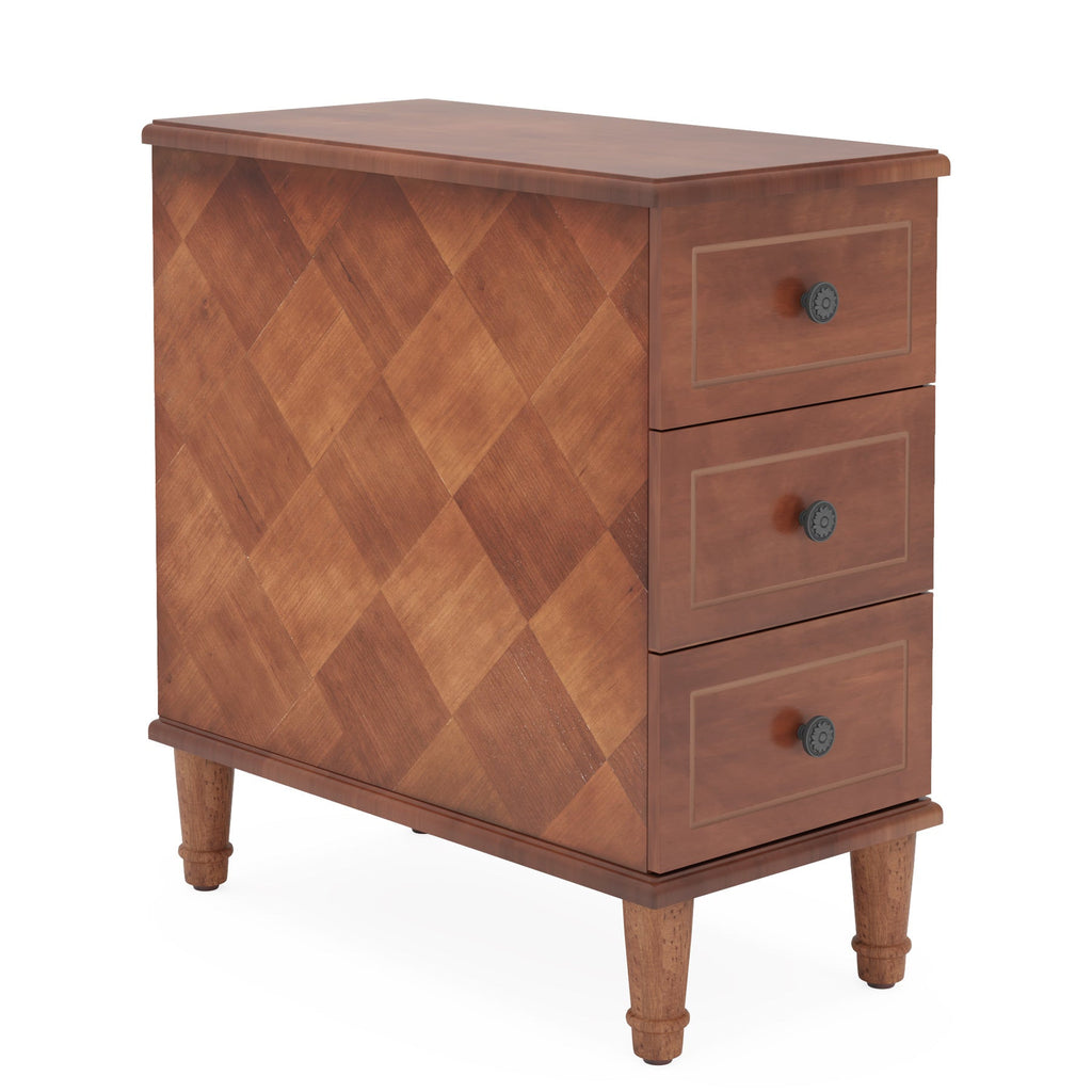 Rustic brown 3 drawer nightstand with bronze pulls on a white background