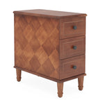 Rustic brown 3 drawer nightstand with bronze pulls on a white background