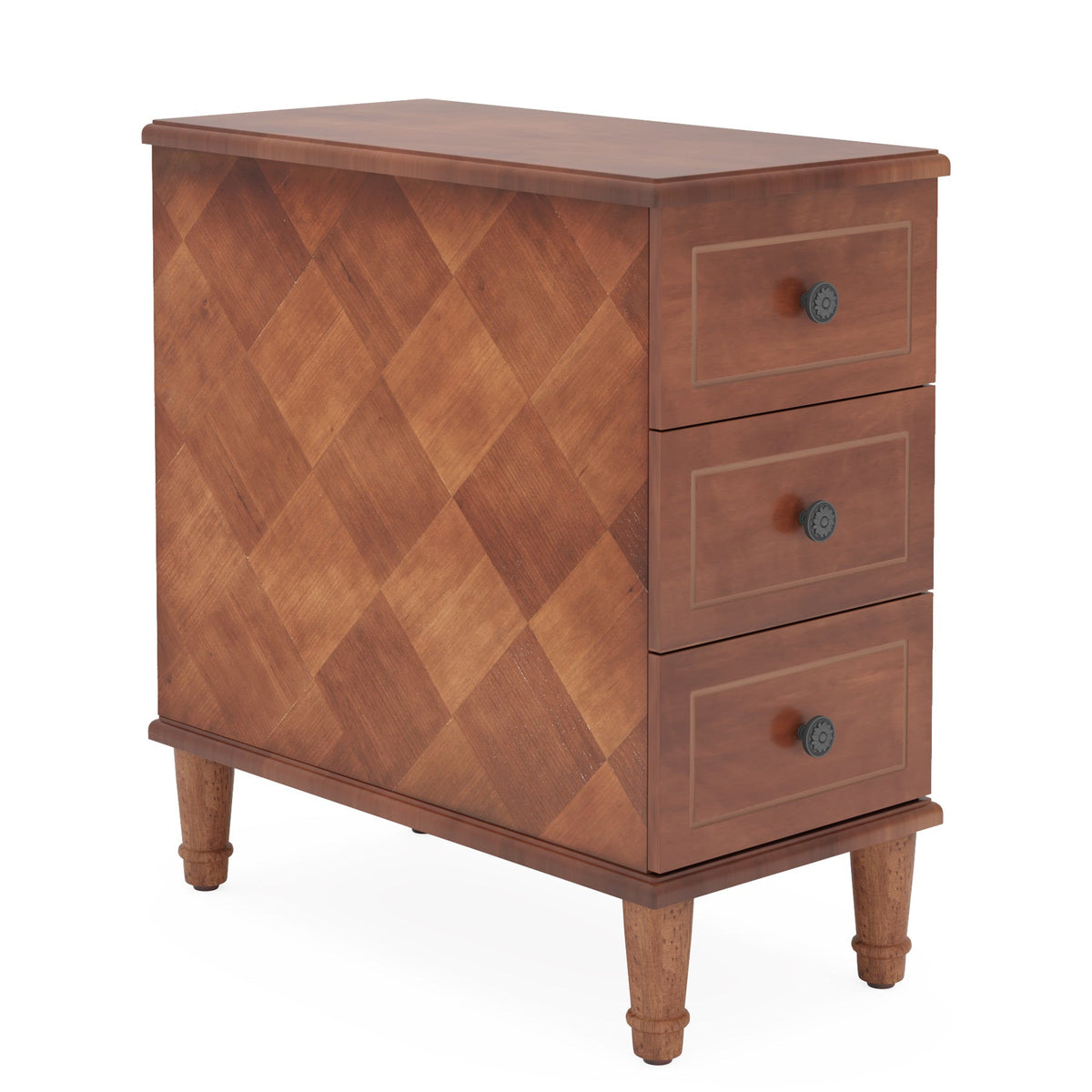 Rustic brown 3 drawer nightstand with bronze pulls on a white background