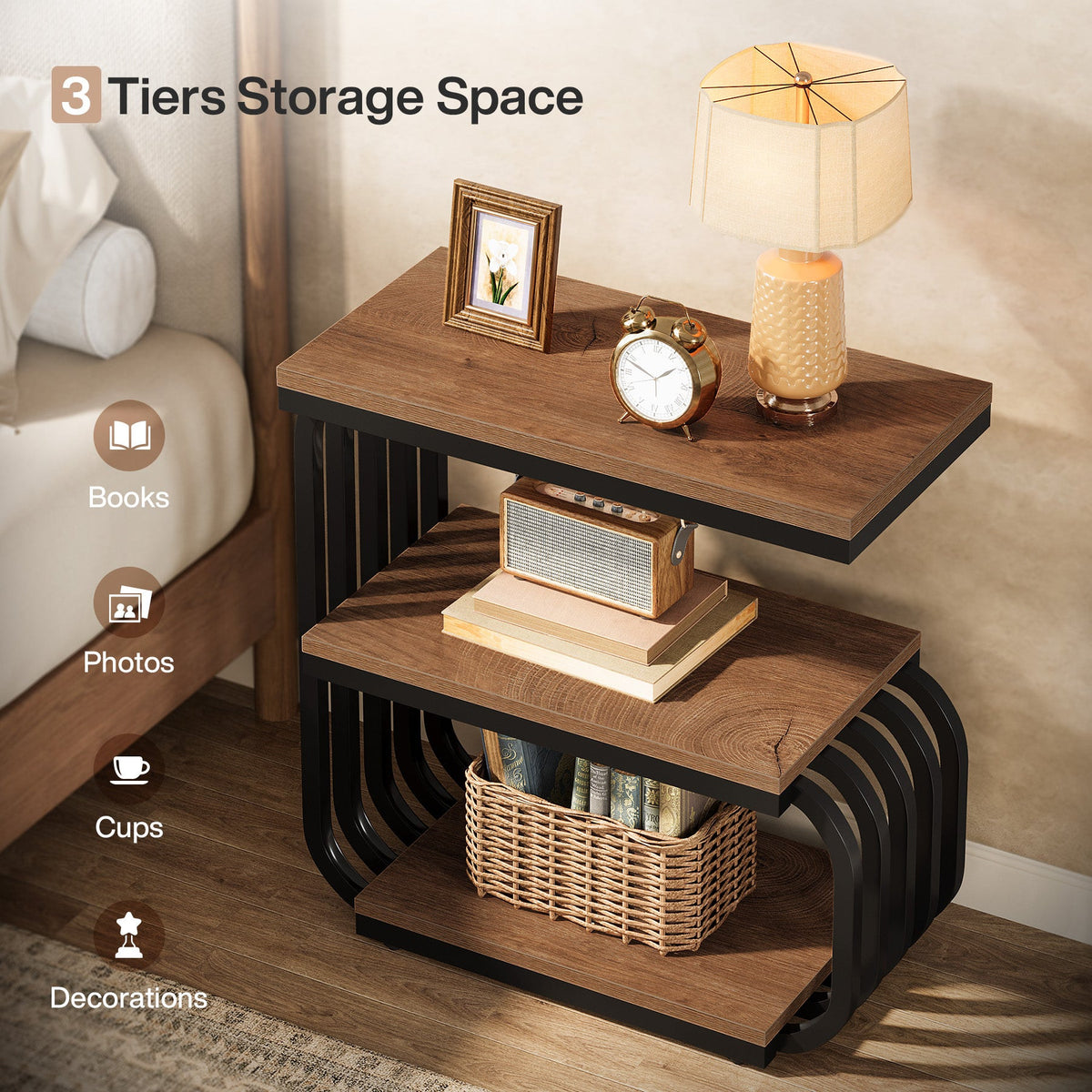 Three tiers of storage space holding books, photos, cups and decorations