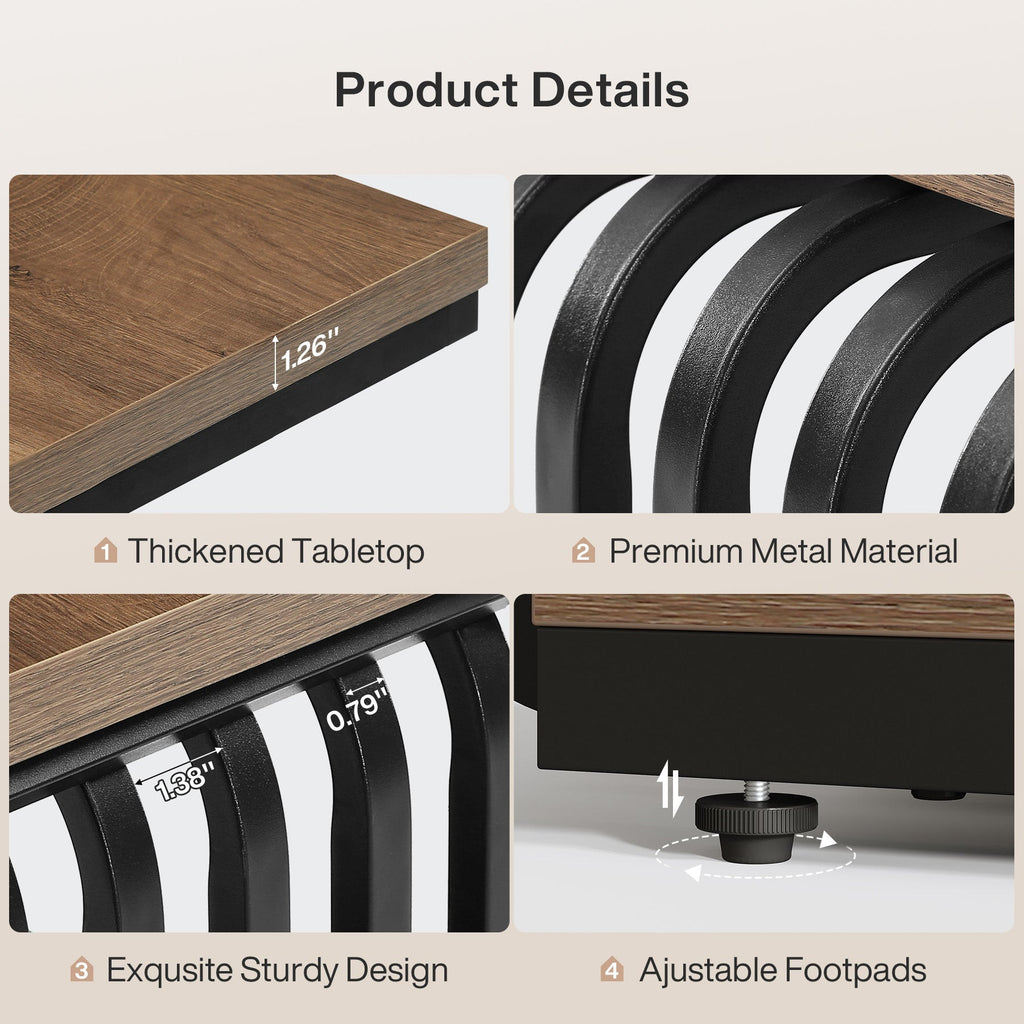 Thickened tabletop, metal frame and adjustable footpad detail callouts