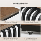 Thickened tabletop, metal frame and adjustable footpad detail callouts