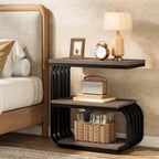 Three tier nightstand with metal frame beside a bed headboard