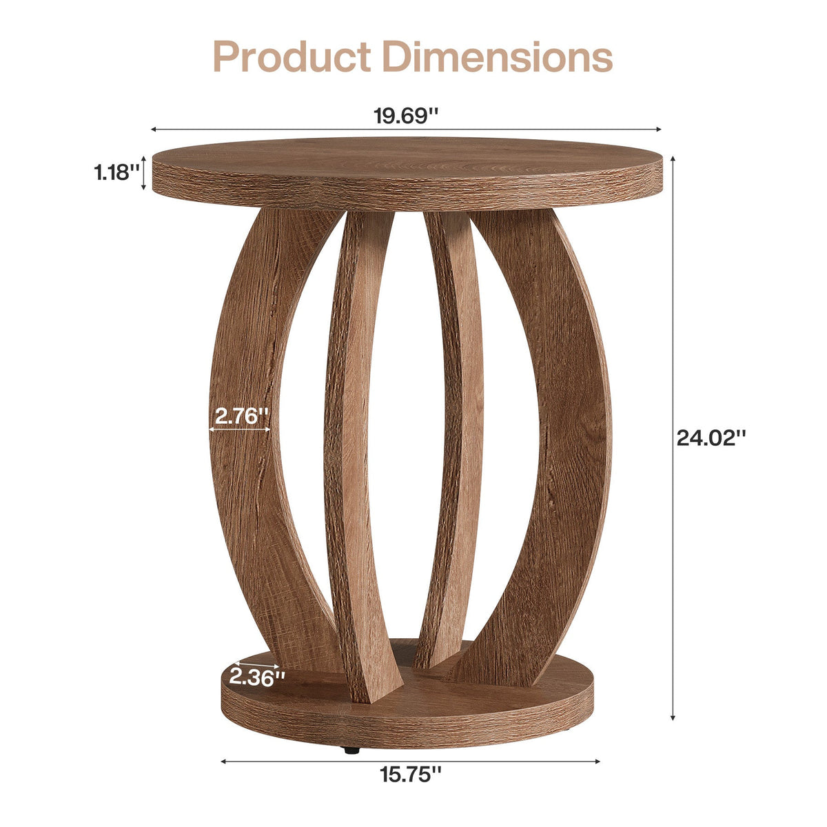 Dimension diagram: 19.69 in top, 24.02 in tall, 1.18 in thick top, 15.75 in base