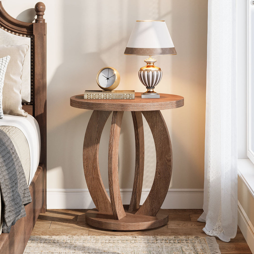Curved rib nightstand beside a bed with a white lamp and clock
