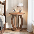 Curved rib nightstand beside a bed with a white lamp and clock