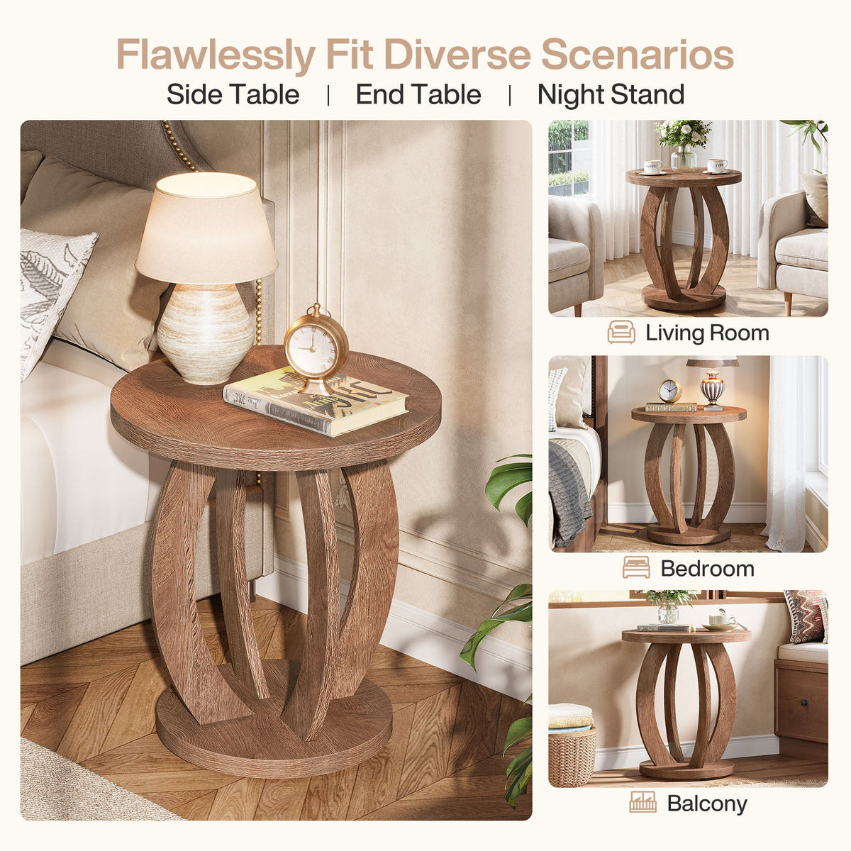 Scenario panels: side table, end table and nightstand uses in three rooms