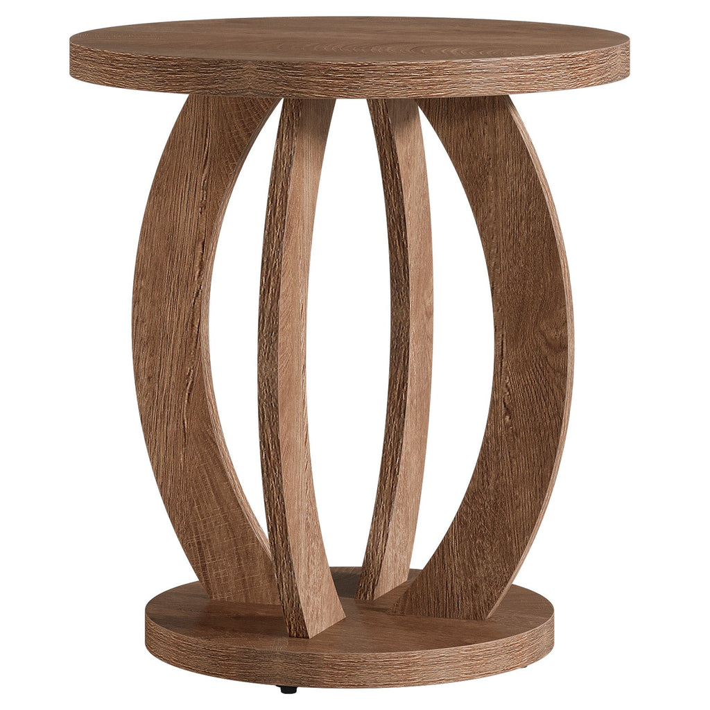 Brown round nightstand with curved ribs on a white background