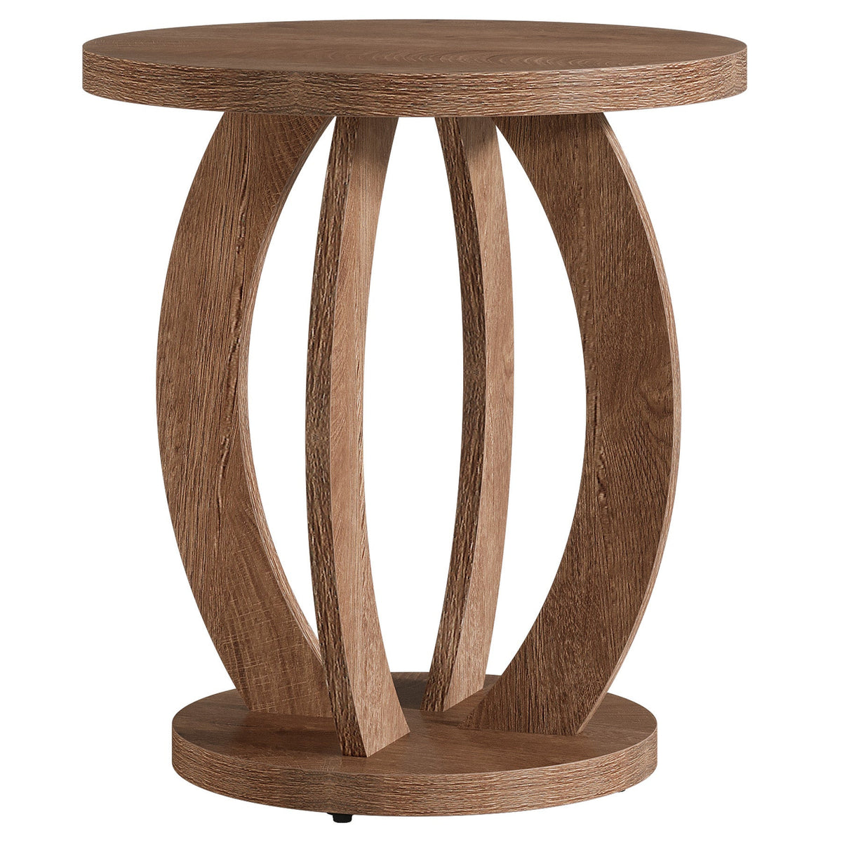 Brown round nightstand with curved ribs on a white background