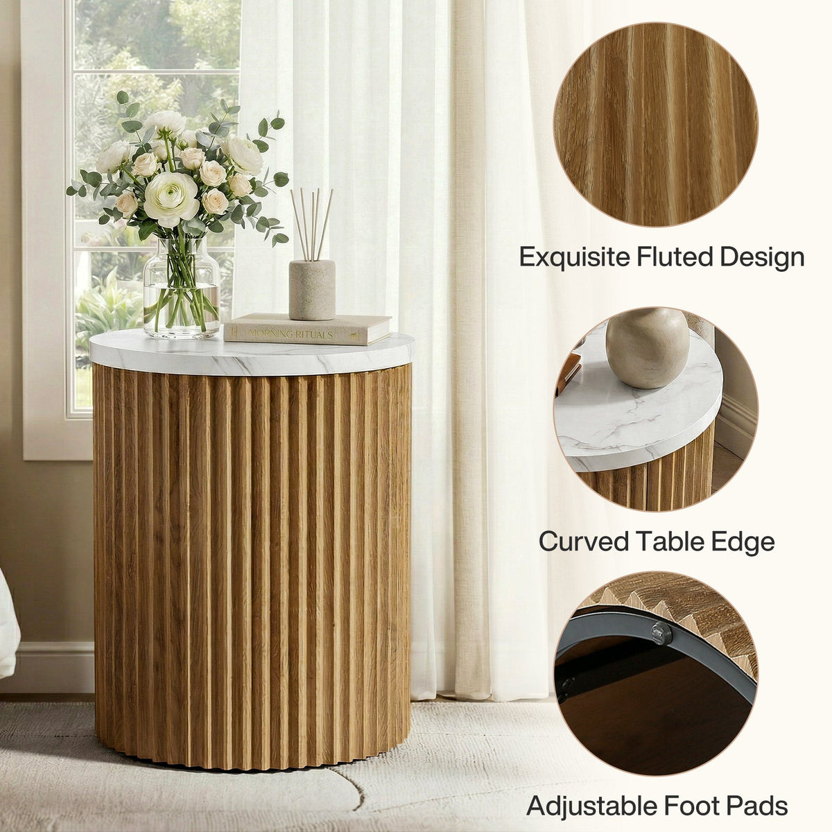 Detail callouts: ribbed design, curved table edge, adjustable foot pads