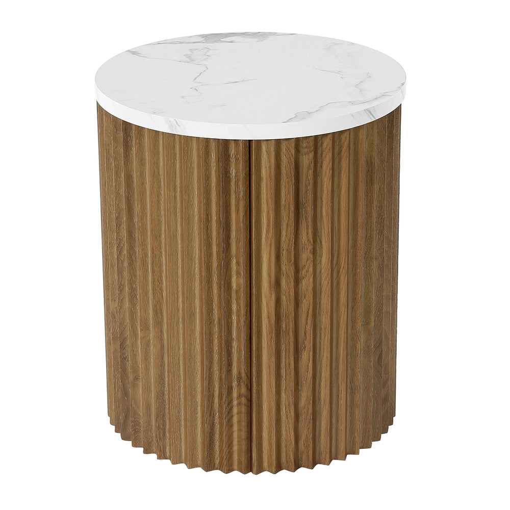 White faux marble drum nightstand on a white background
