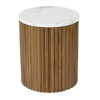 White faux marble drum nightstand on a white background