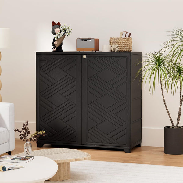 Stowena black outdoor storage cabinet with diamond pattern doors beside a plant