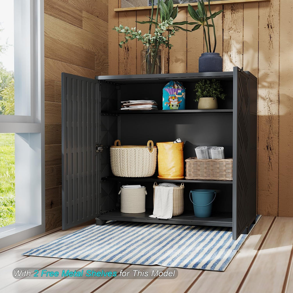 Outdoor cabinet on a patio with garden storage inside both bays