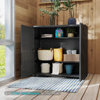Outdoor cabinet on a patio with garden storage inside both bays