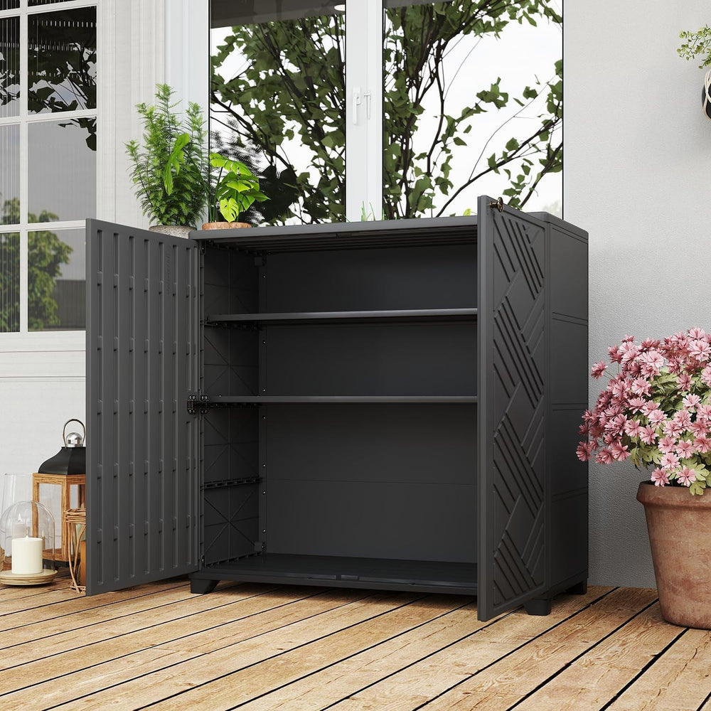 Open double doors on the deck showing the 3-layer shelf frame
