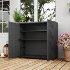 Open double doors on the deck showing the 3-layer shelf frame