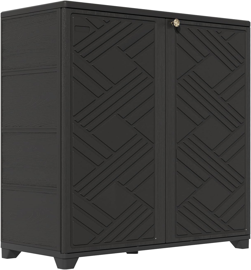 Black HDPE storage cabinet with diamond pattern doors on a white background