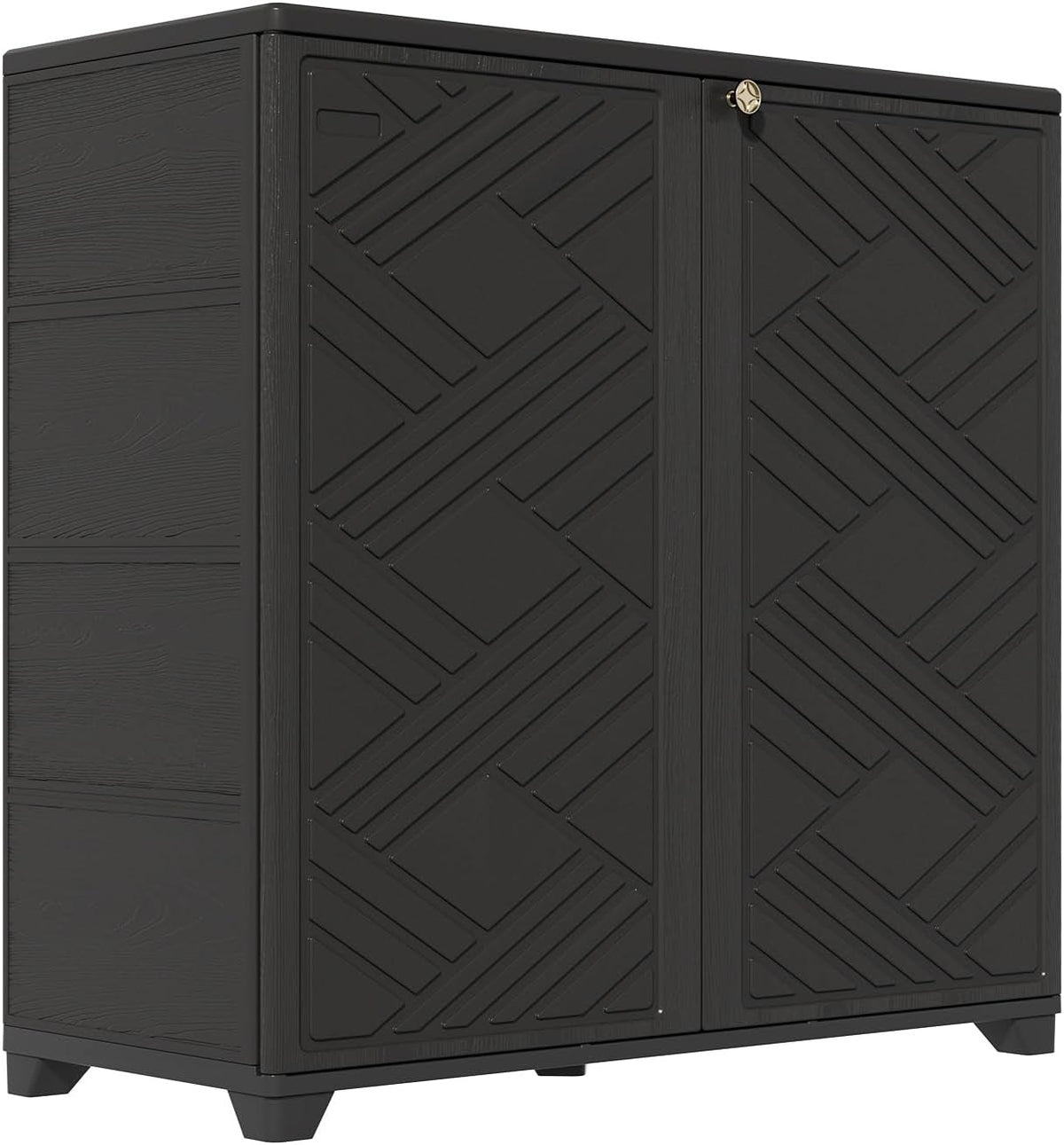 Black HDPE storage cabinet with diamond pattern doors on a white background