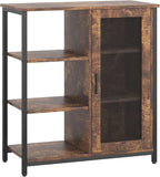 Brown coffee bar cabinet with three open shelves and a mesh door, 27.5 x 11.8 x 31.5 in, angled view on a light background