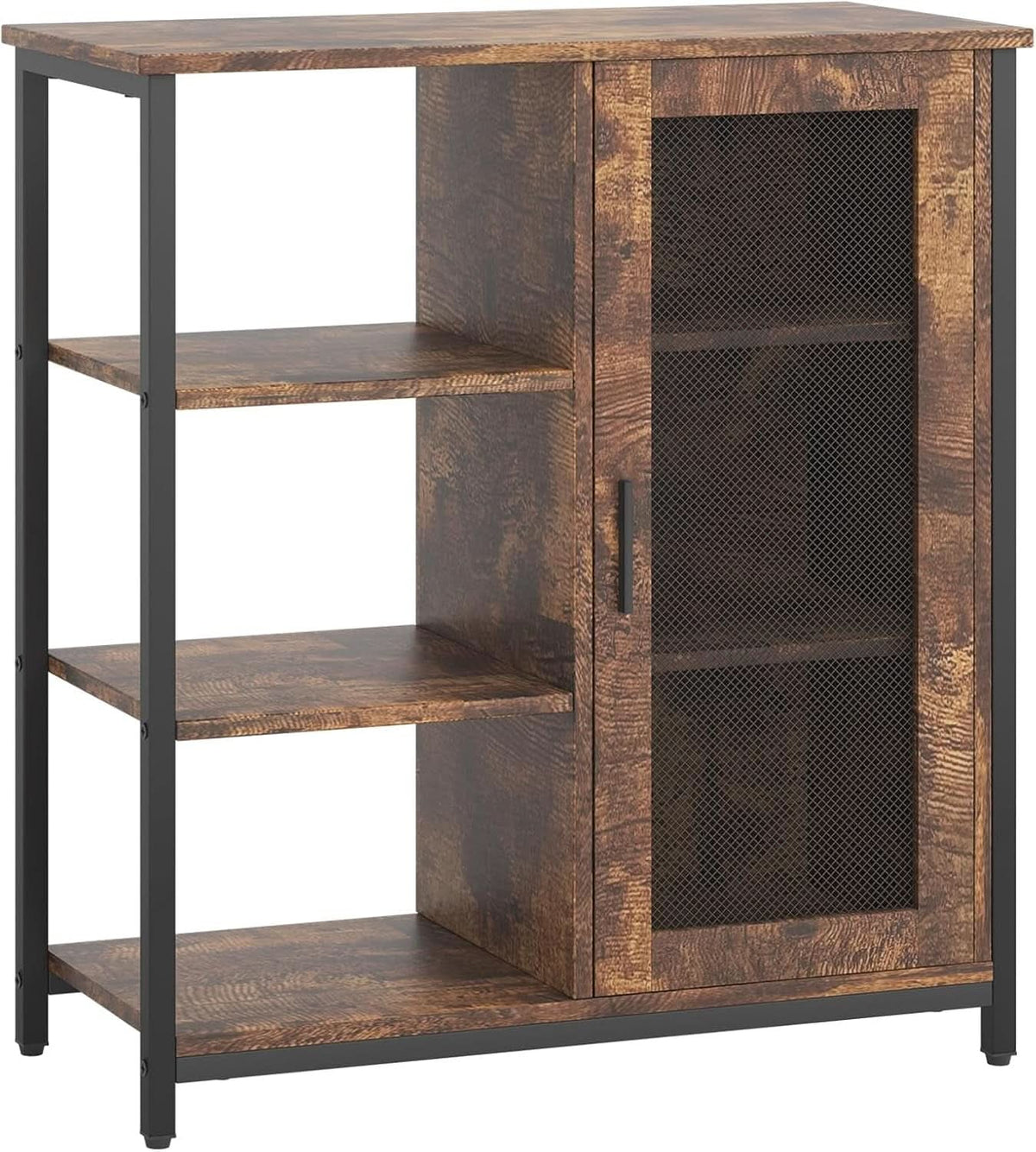 Brown coffee bar cabinet with three open shelves and a mesh door, 27.5 x 11.8 x 31.5 in, angled view on a light background