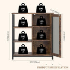 Dimension and capacity graphic: coffee bar cabinet 27.5 in wide, 11.8 in deep, 31.5 in high, listed 100 lb per shelf