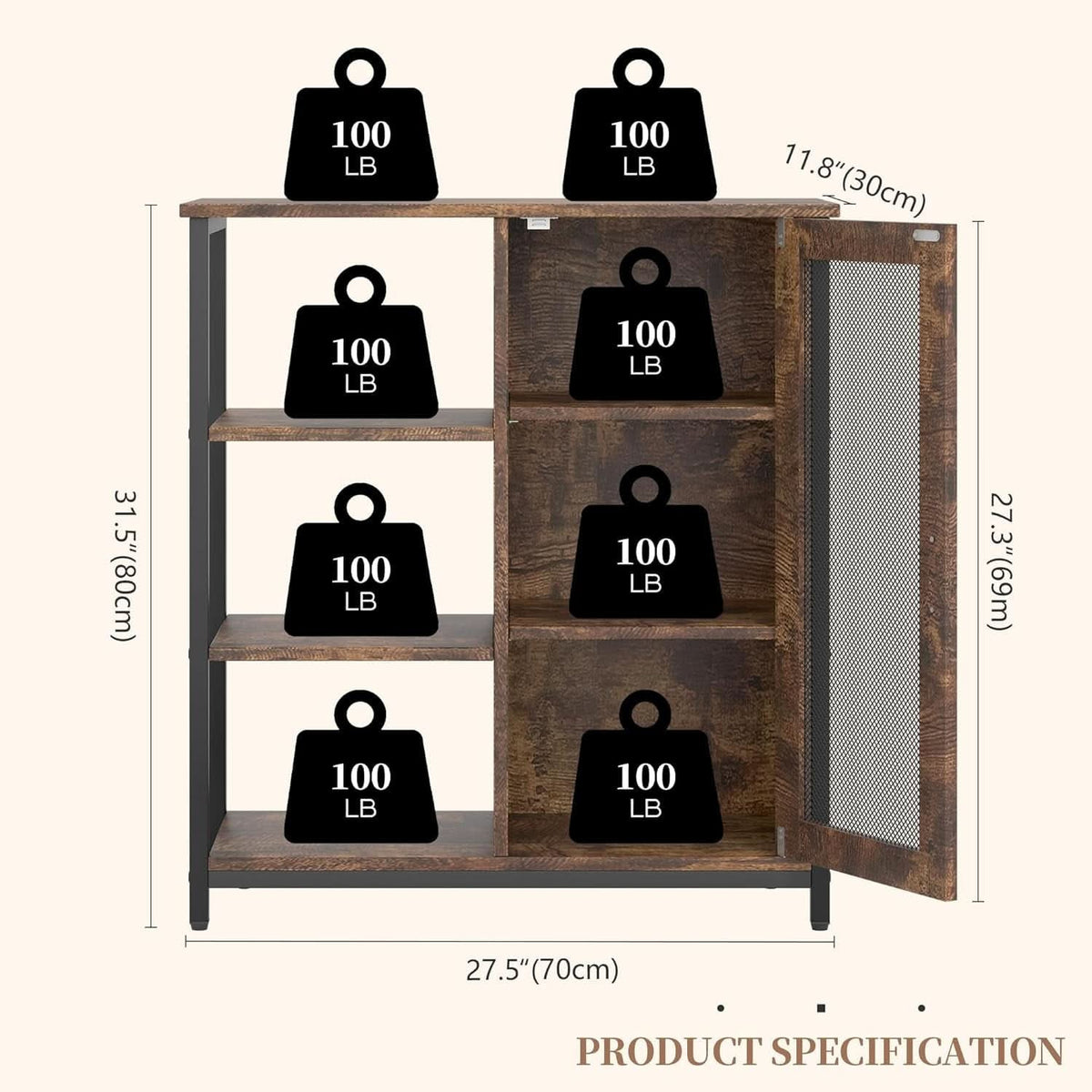 Dimension and capacity graphic: coffee bar cabinet 27.5 in wide, 11.8 in deep, 31.5 in high, listed 100 lb per shelf