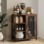 Brown coffee bar cabinet with canisters, bottles, and plates on the open shelves