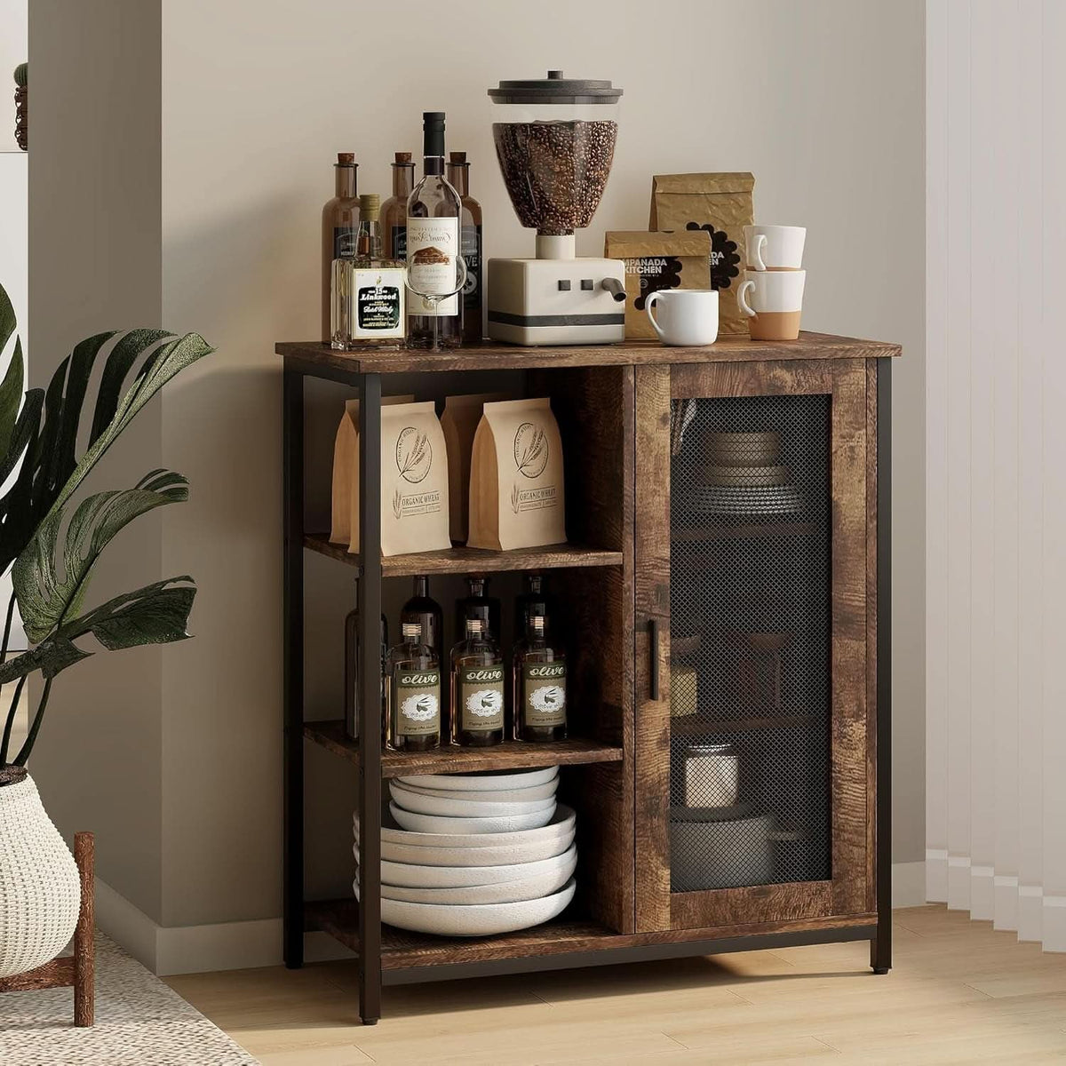 Brown coffee bar cabinet with canisters, bottles, and plates on the open shelves