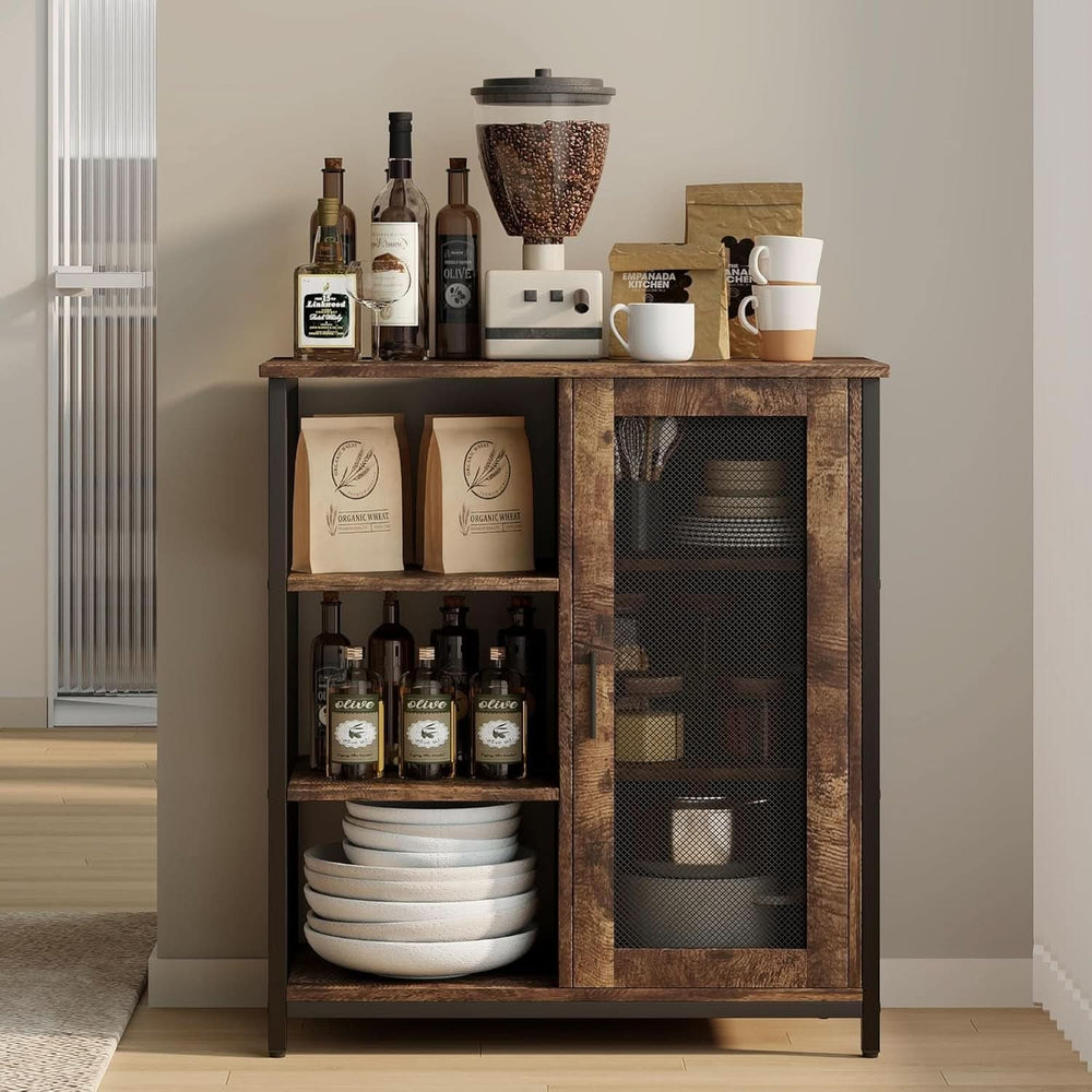 Coffee bar cabinet with the mesh door open, plates and cups inside the cabinet