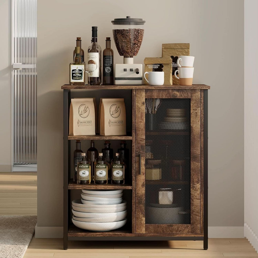 Coffee bar cabinet with the mesh door open, plates and cups inside the cabinet