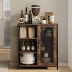 Coffee bar cabinet with the mesh door open, plates and cups inside the cabinet