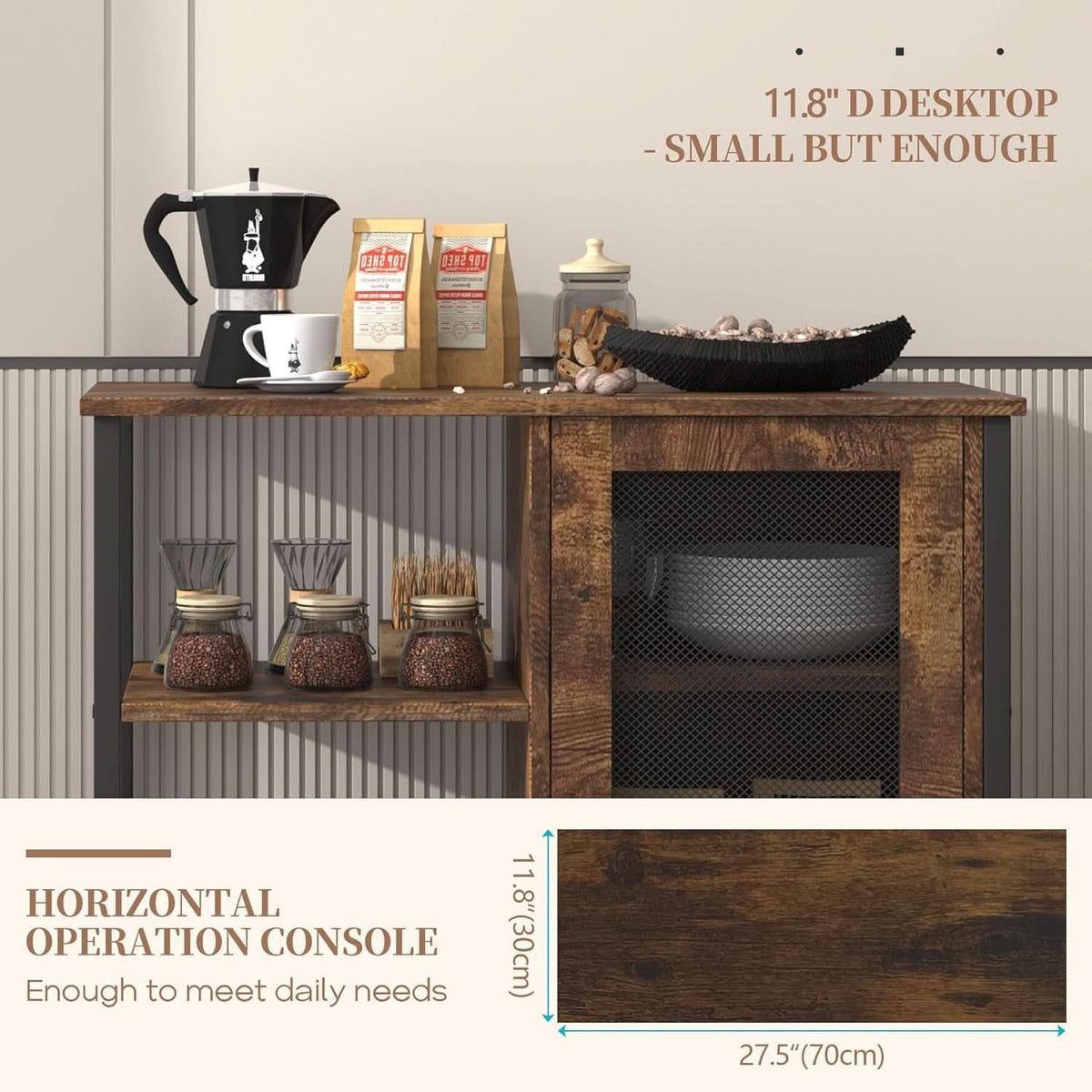 Coffee maker and jars on the 11.8 in deep top of the coffee bar cabinet
