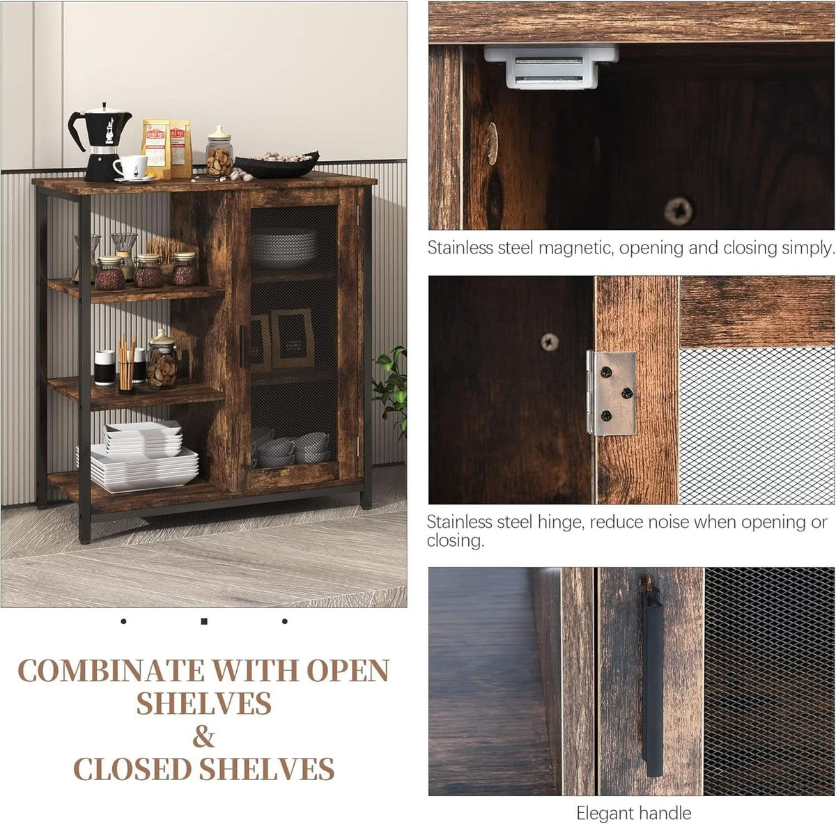 Detail: stainless steel magnetic catch and hinges on the coffee bar cabinet mesh door