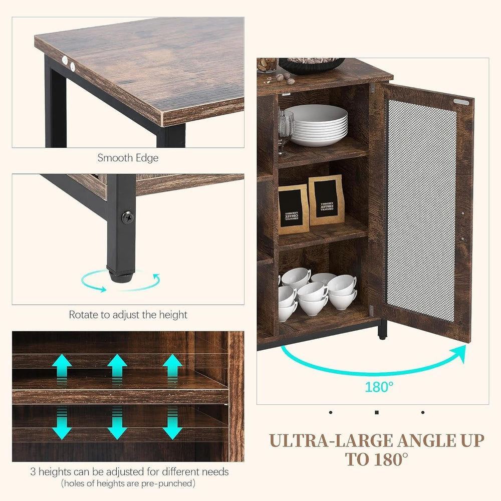 Detail graphic: adjustable shelf heights and 180 degree door opening on the coffee bar cabinet