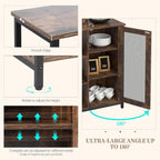 Detail graphic: adjustable shelf heights and 180 degree door opening on the coffee bar cabinet