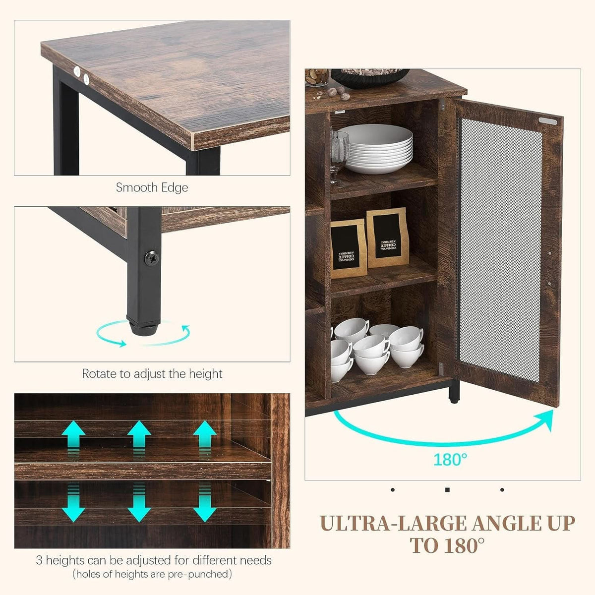 Detail graphic: adjustable shelf heights and 180 degree door opening on the coffee bar cabinet