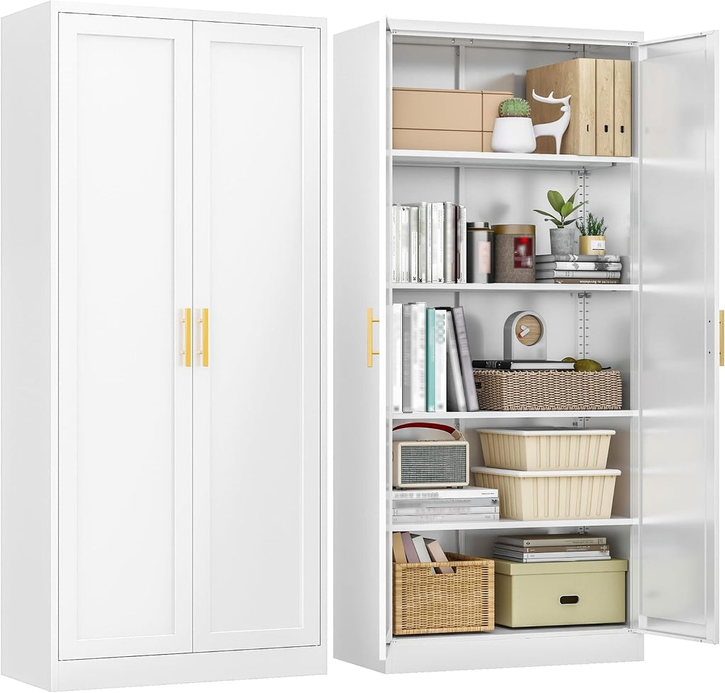 White metal pantry cabinet, 71 x 27.5 x 13.8 in, shown closed and open with 4 adjustable shelves and gold handles