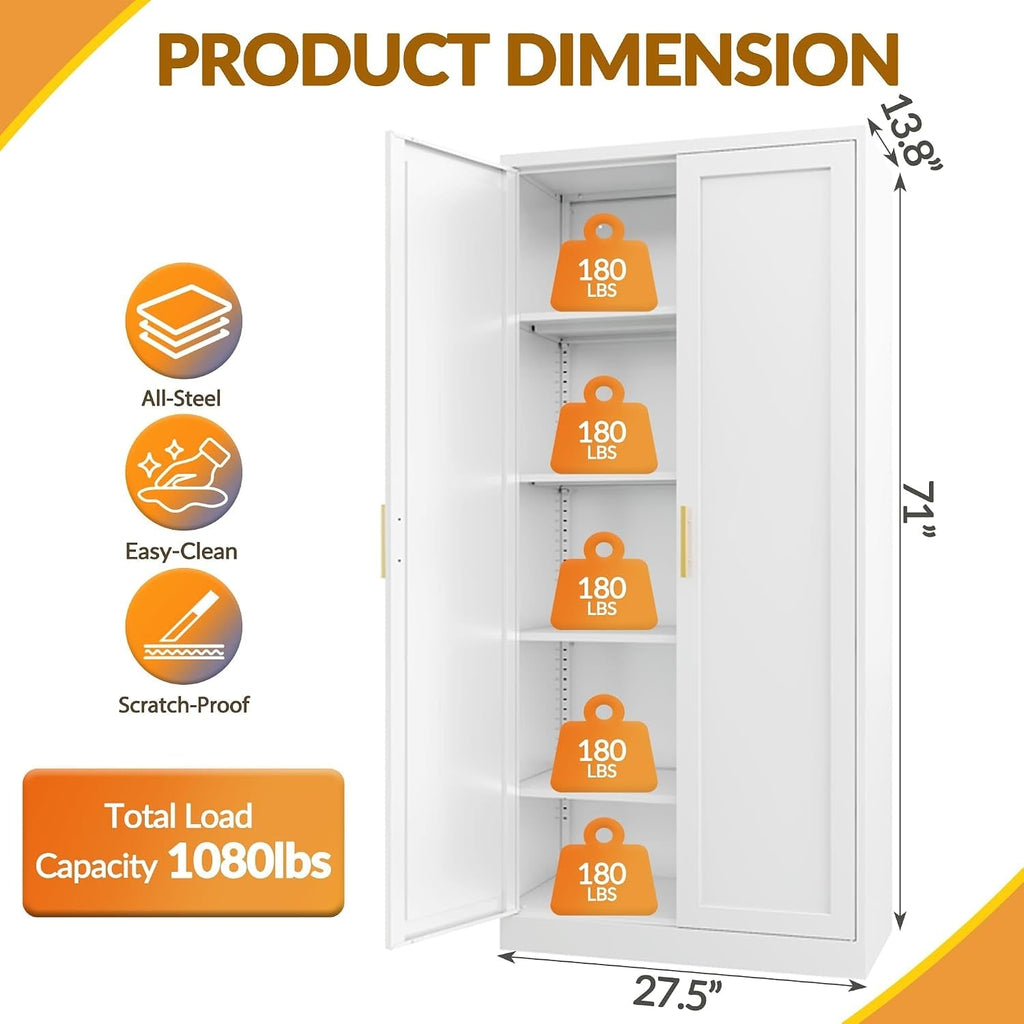 Dimension diagram: metal pantry cabinet 71 in high, 27.5 in wide, 13.8 in deep, 180 lb per shelf, 1,080 lb total