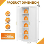 Dimension diagram: metal pantry cabinet 71 in high, 27.5 in wide, 13.8 in deep, 180 lb per shelf, 1,080 lb total