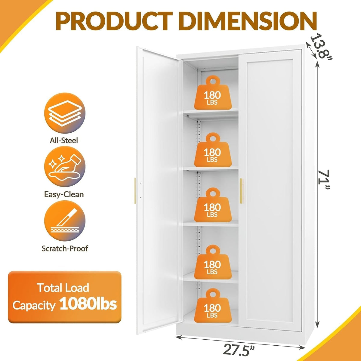 Dimension diagram: metal pantry cabinet 71 in high, 27.5 in wide, 13.8 in deep, 180 lb per shelf, 1,080 lb total