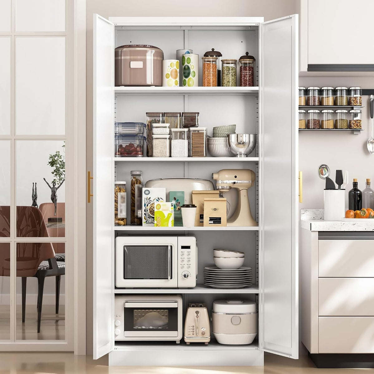 White metal pantry cabinet in a kitchen with doors open, food and small appliances on the shelves
