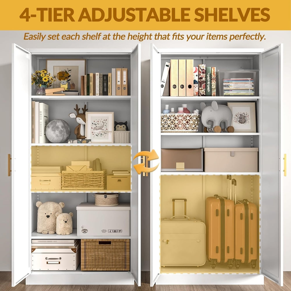 Metal pantry cabinet with 4 adjustable shelves set at two different spacings, doors open