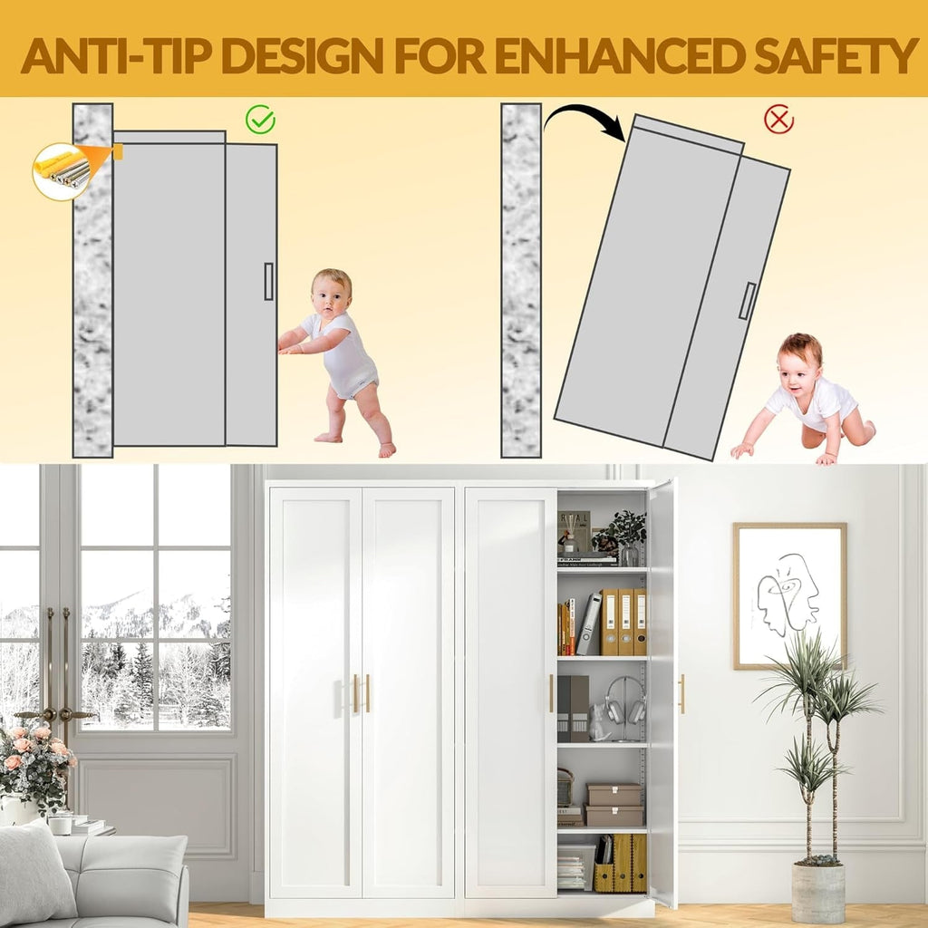 Anti-tip diagram: metal pantry cabinet anchored to the wall with the included screws, cabinet in a living room