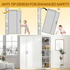 Anti-tip diagram: metal pantry cabinet anchored to the wall with the included screws, cabinet in a living room