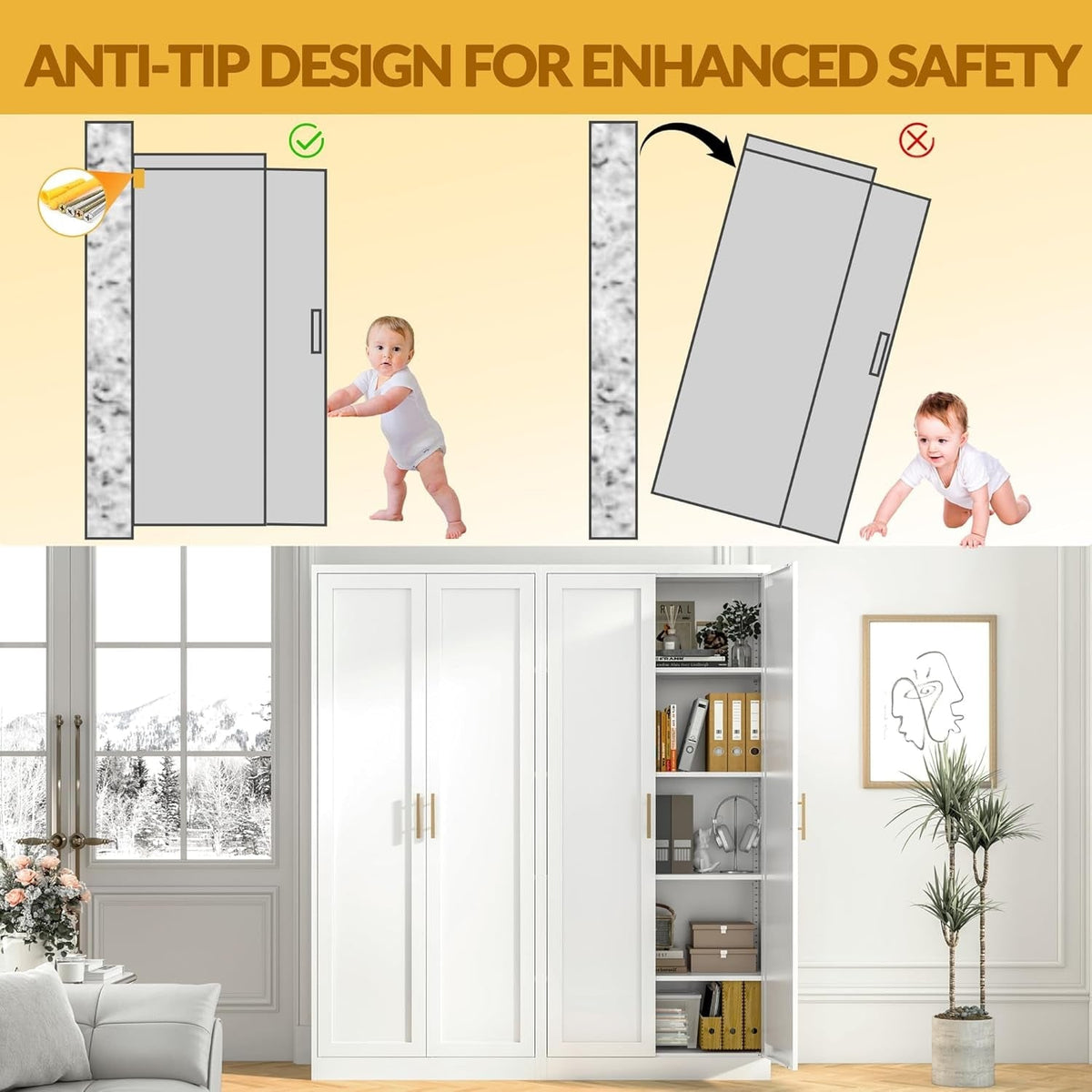 Anti-tip diagram: metal pantry cabinet anchored to the wall with the included screws, cabinet in a living room